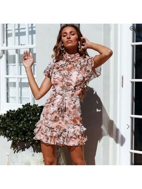 Hello Molly First Look of Love Dress Nude | Floral Ruffle Tie-Waist Mini Dress